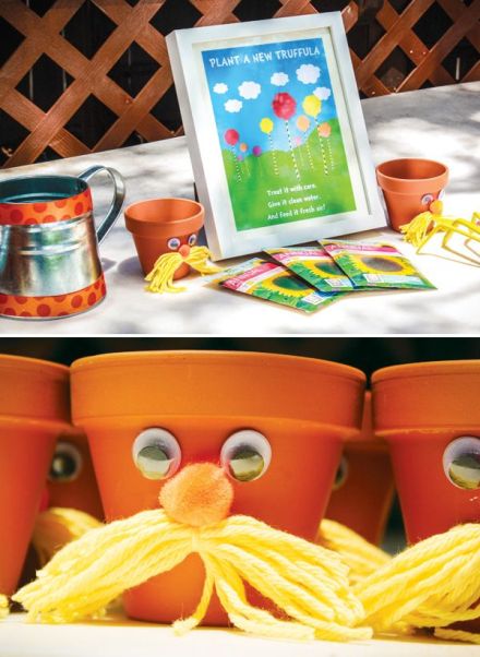 Creating planting pots with a Lorax theme!  This link leads to a whole Lorax-themed party post, but a number of the ideas there could translate to the classroom/art studio/museum.  Click for source.